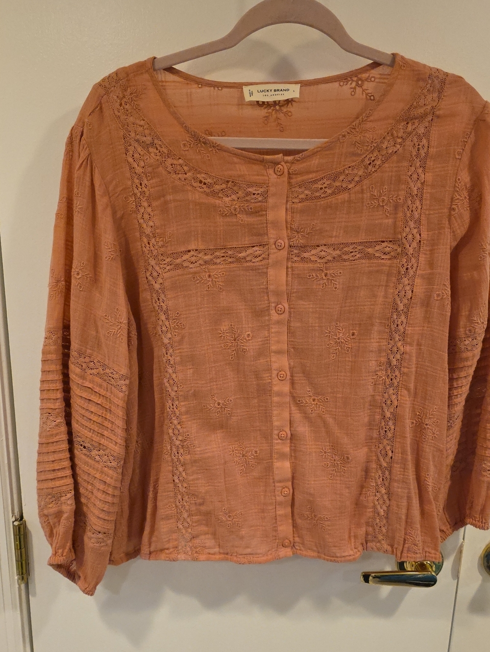 Lucky Brand Women's Terracotta Lace-Embroidered Button Down Top L